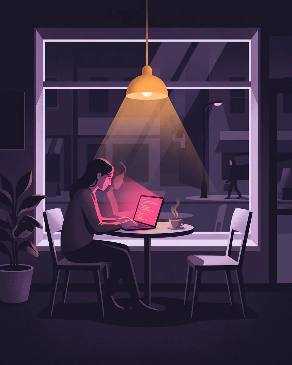 Someone at a café table in the evening coding on a borrowed laptop