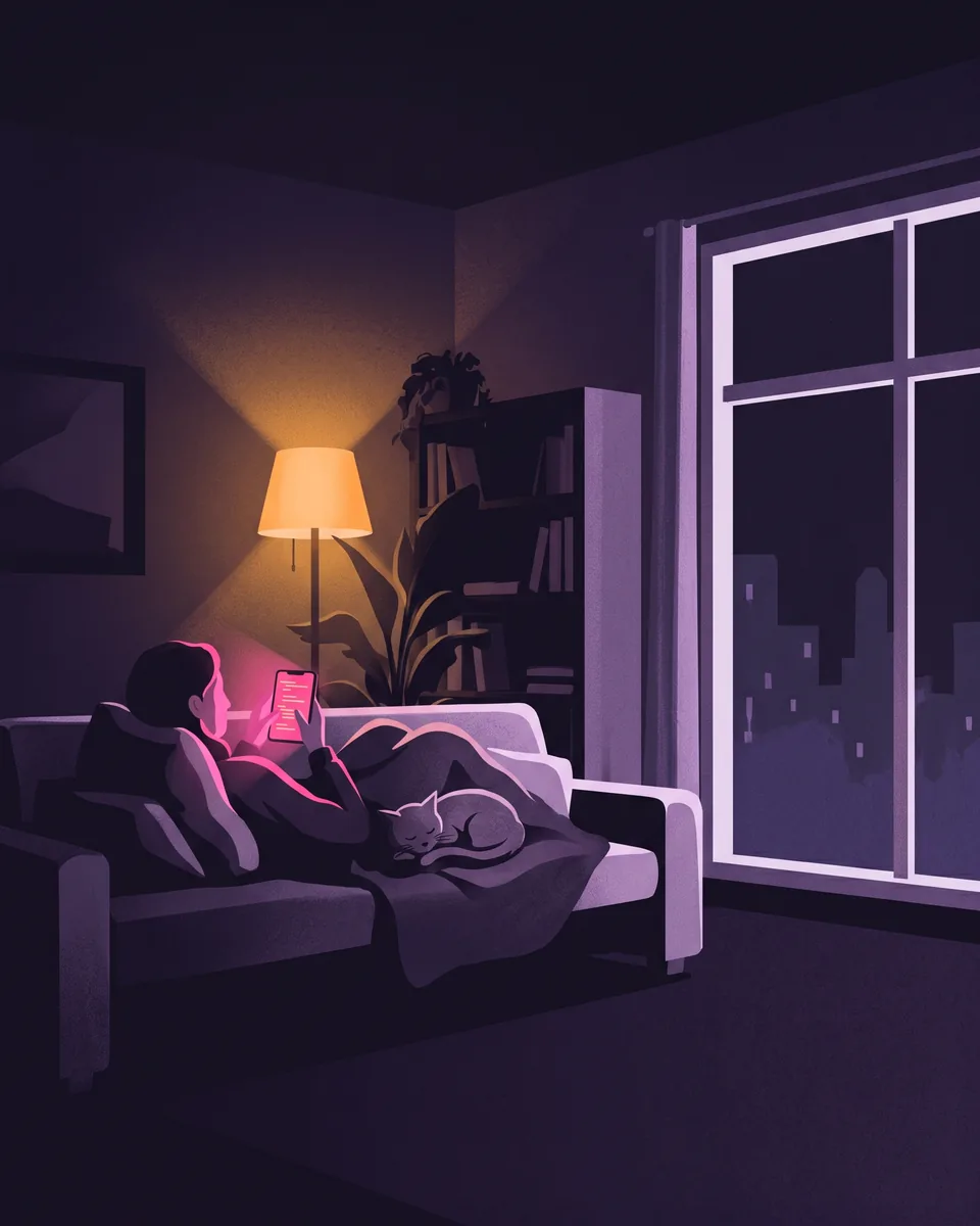 Someone on the couch at night, coding on a phone, a cat asleep beside them