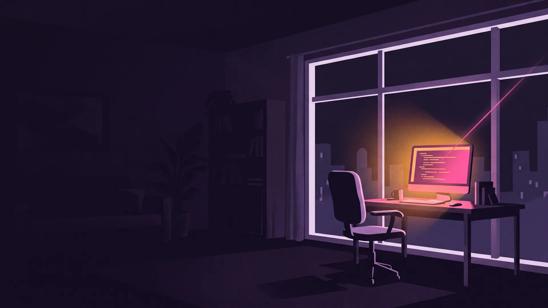 A dark apartment at night: a computer left on by the window, its glow lighting an empty chair, a magenta line of light leaving through the window
