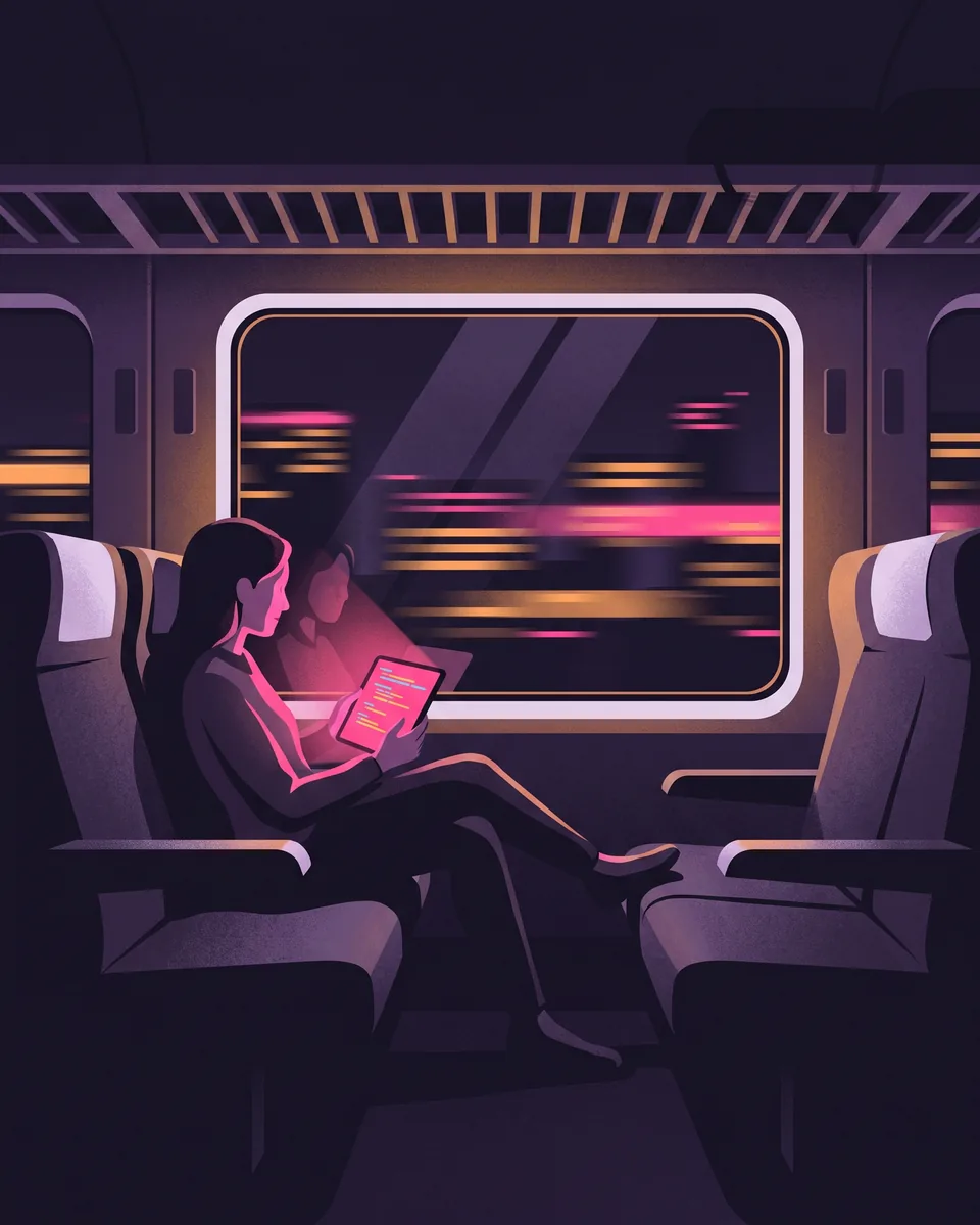 Someone on a night train coding on a tablet as city lights streak past